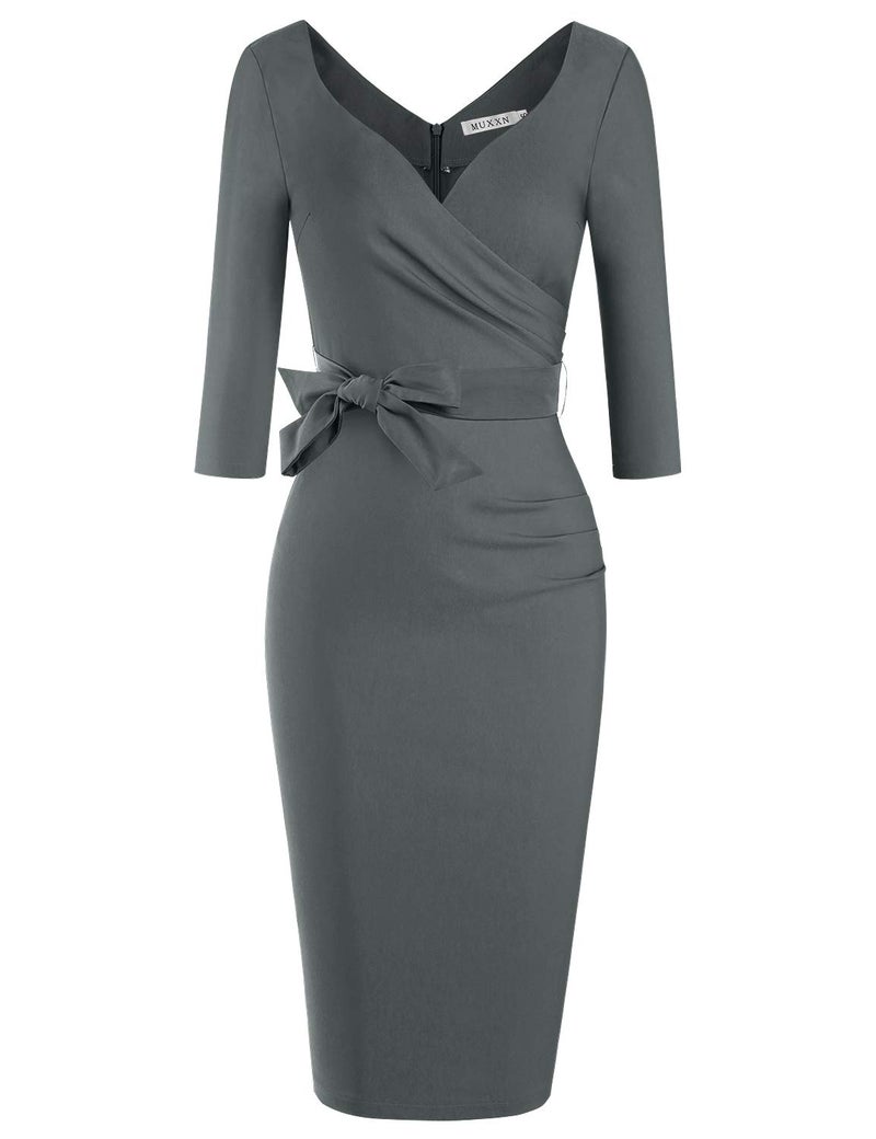 MUXXN Women's 50s Fashion 3/4 Sleeves Tie Waist Bowknot Formal Office Dress (Gray S) - Image 3